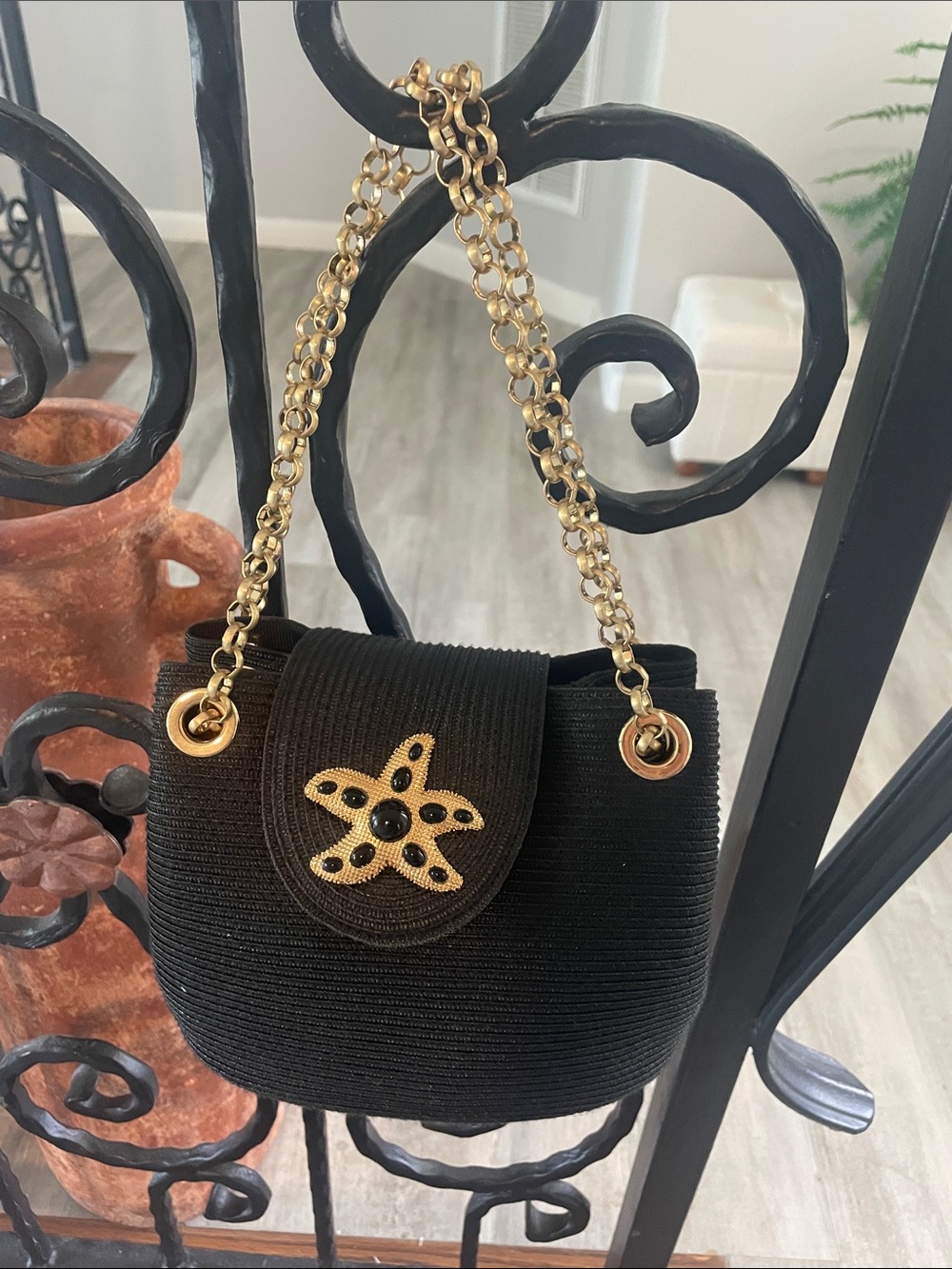 Eric Javits Black Rafia Bag with Gold Starfish Accent - Picture 2 of 9